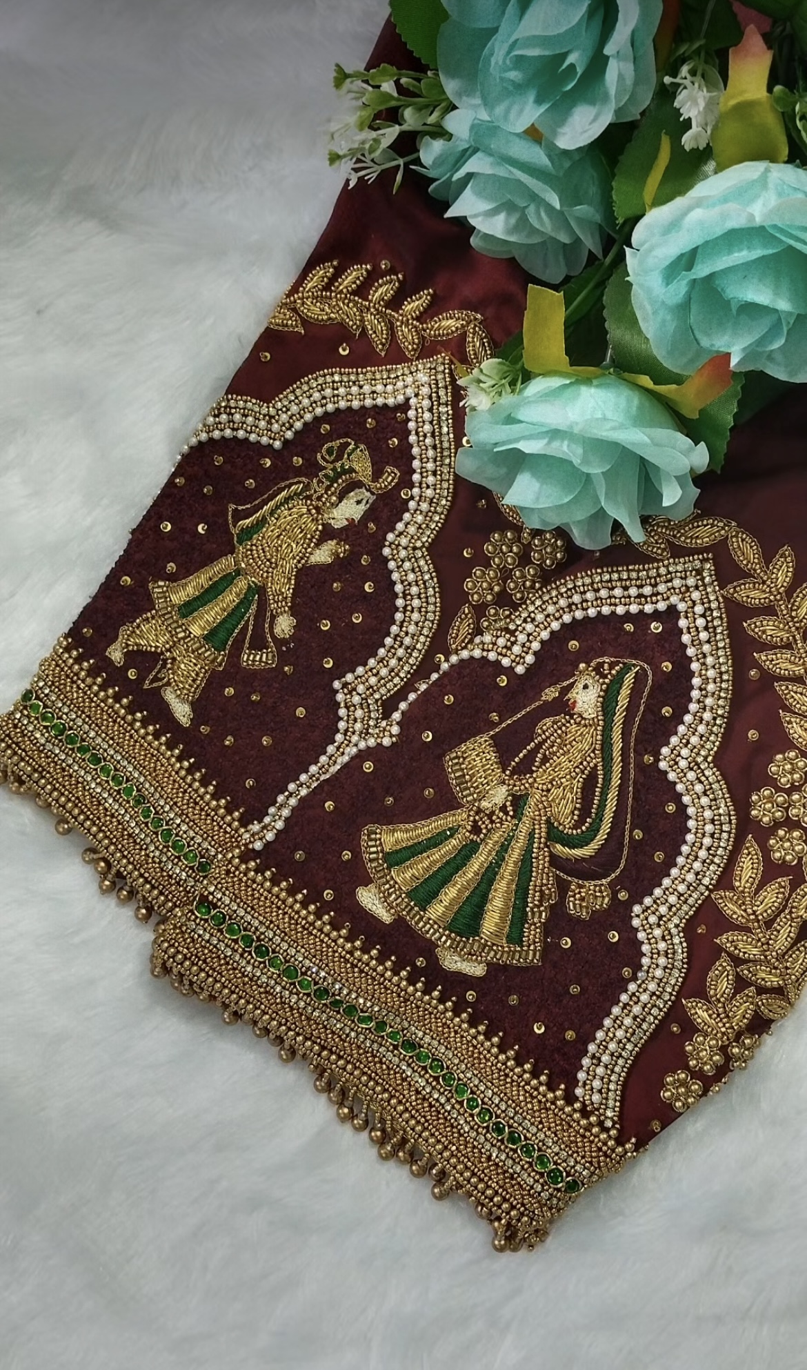 Traditional bridal Aari work embroidery with intricate thread, stone, and bead detailing, designed by an Aari designer in Mayiladuthurai.