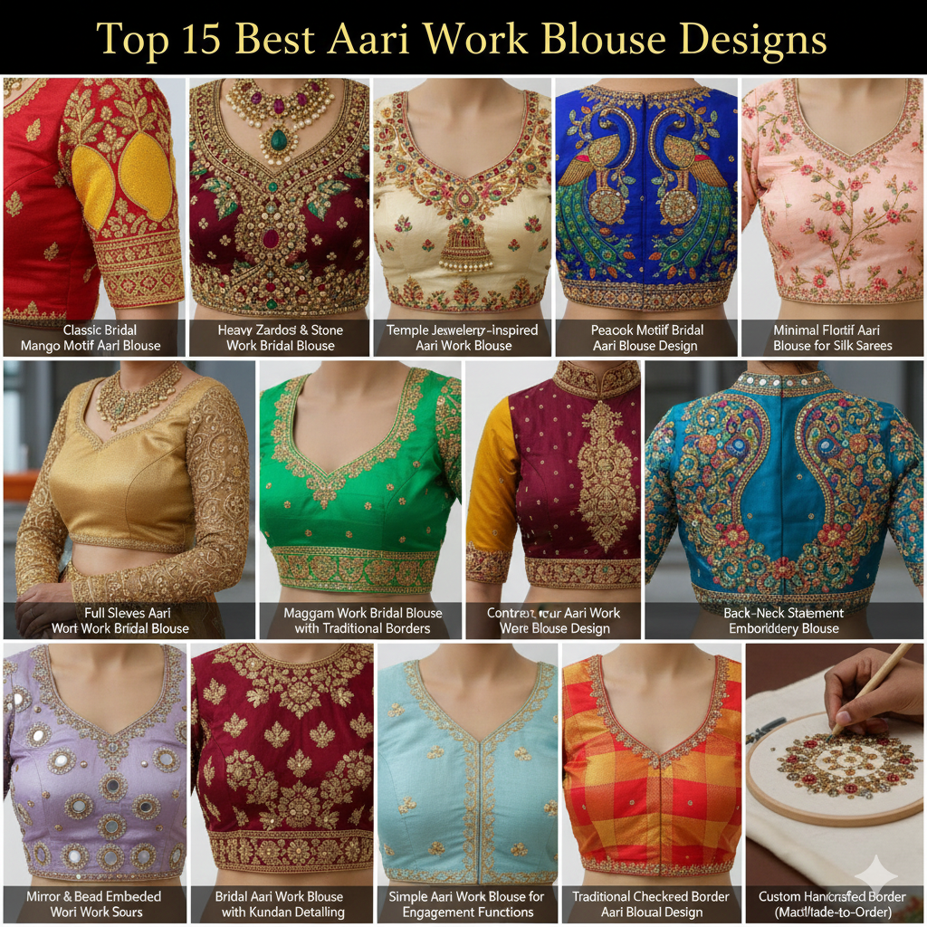 Collage showcasing15 best Aari work blouse designs for 2026 in Mayiladuthurai featuring intricate embroidery, traditional motifs including peacocks, mangoes, florals, and temple jewelry patterns in vibrant colors like red, blue, gold, green, and maroon for Indian ethnic wear. This comprehensive visual guide displays 15 stunning aari work blouse designs that represent the pinnacle of traditional Indian embroidery craftsmanship. The collection features diverse styles including classic bridal designs with mango motifs, heavily embellished zardosi stone work pieces, temple jewelry-inspired patterns, peacock motifs, and minimal floral designs for silk sarees. The showcase includes full-sleeve aari work blouses, maggam work with traditional borders, contrasting color combinations, back-neck statement embroidery, mirror and bead embedded work, kundan detailing, engagement function designs, and traditional checkered border patterns. The final image displays the custom handcrafted process with hand-embroidered aari work on a hoop. These designs span various color palettes from rich reds and royal blues to elegant golds, vibrant greens, and soft pastels, suitable for weddings, festive occasions, and special celebrations.